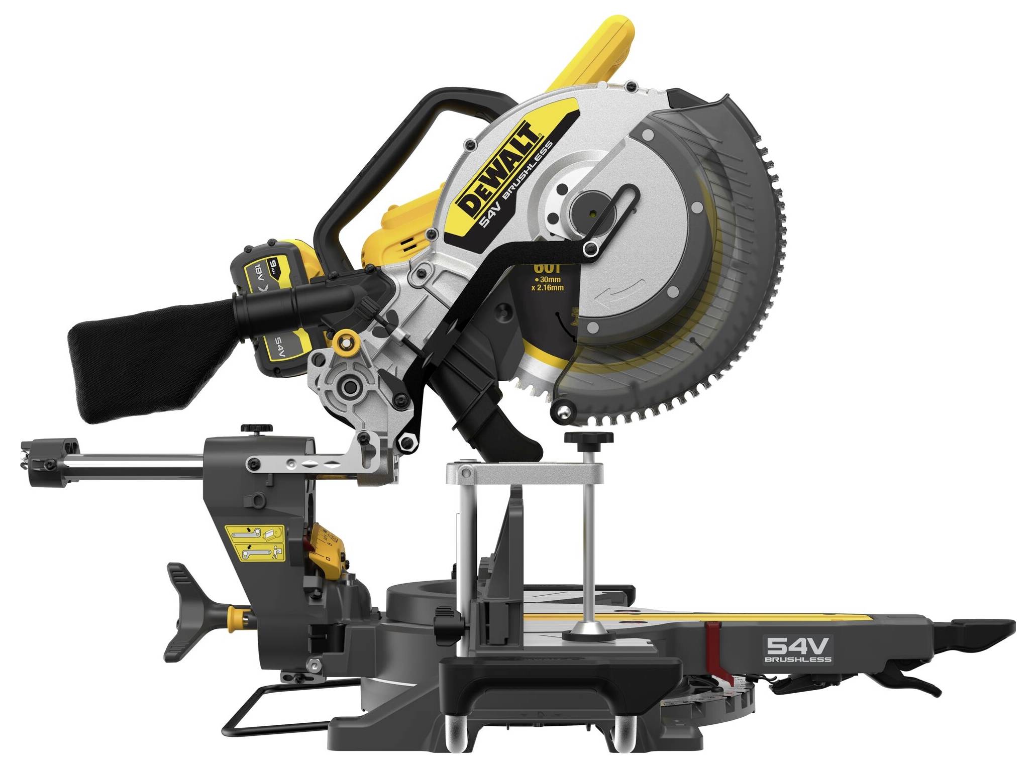Mitre saw with a yellow accent, manufacturer's name visible on the device; ideal for precise wood cutting.