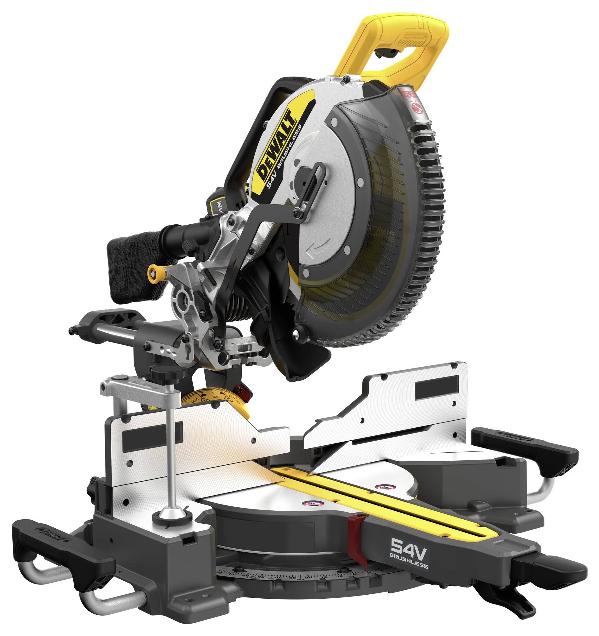 Battery-powered circular saw with a yellow handle and black casing, mounted on a stable base, suitable for precise woodworking.
