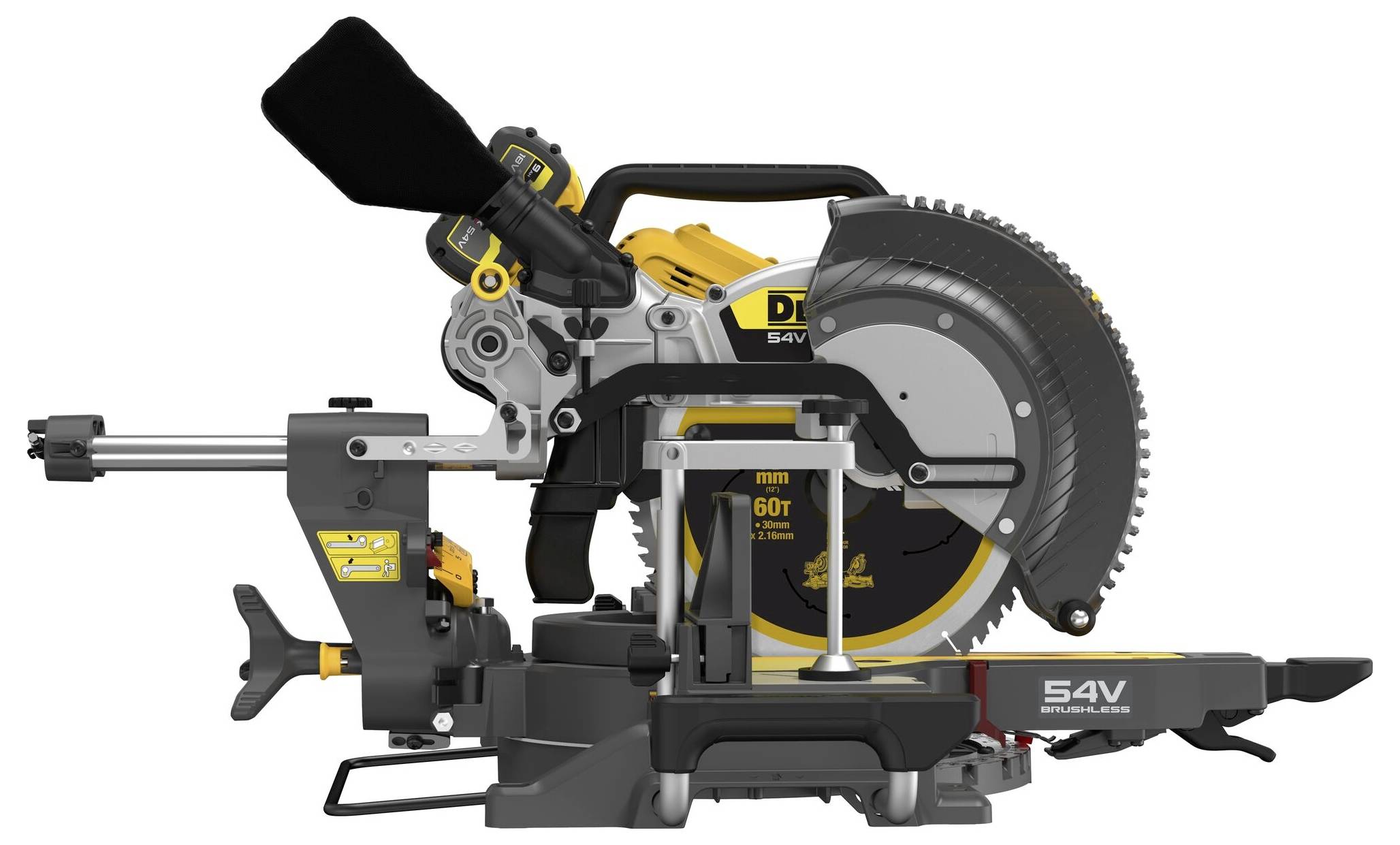 A yellow and black circular saw with a 60-tooth saw blade, suitable for precise cutting, is standing on a workbench.