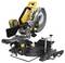An electric yellow and black mitre saw with protective cover and integrated dust bag.