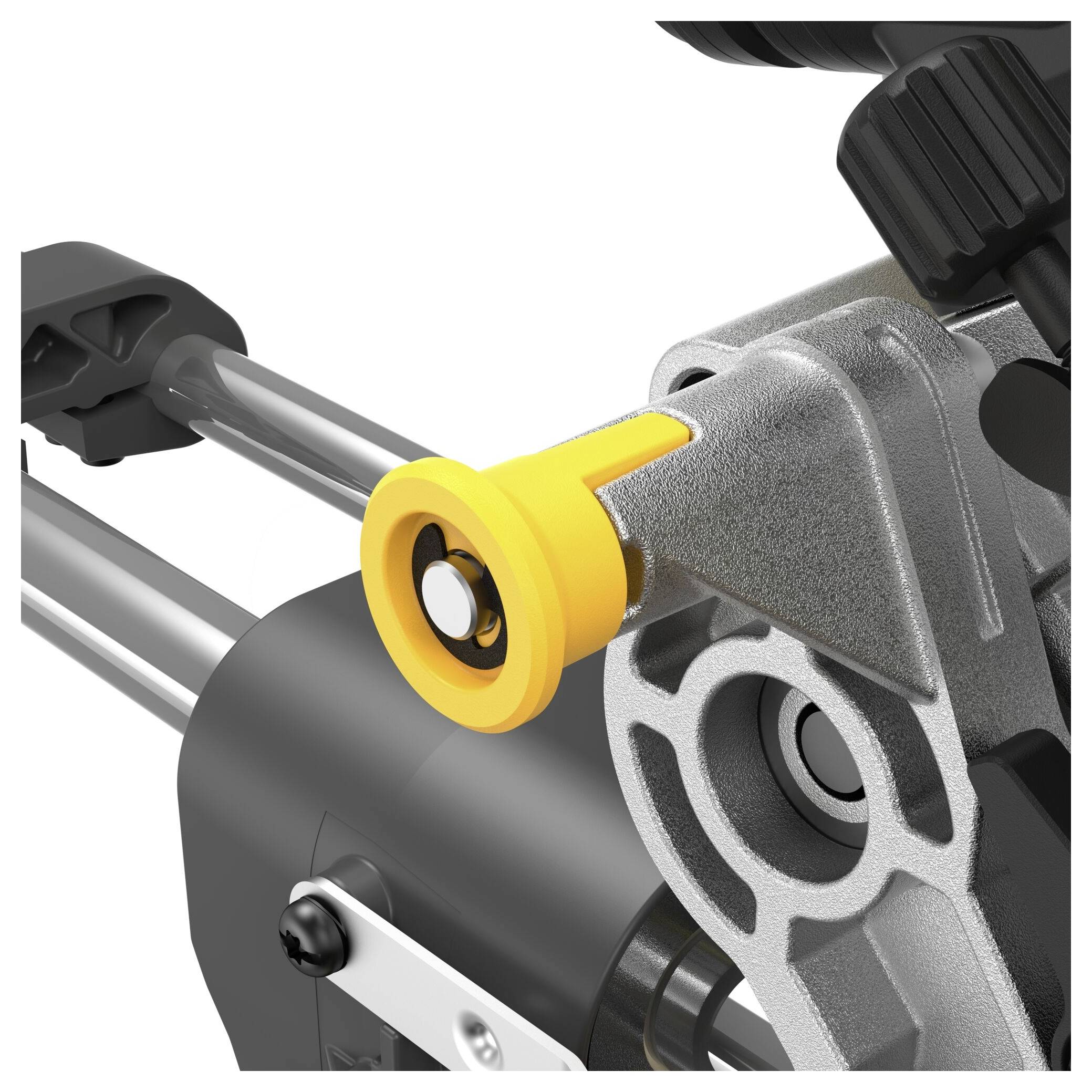 A drill stand with a silver mounting bracket and a yellow screw cap. View of the mechanics for drill machine attachment.