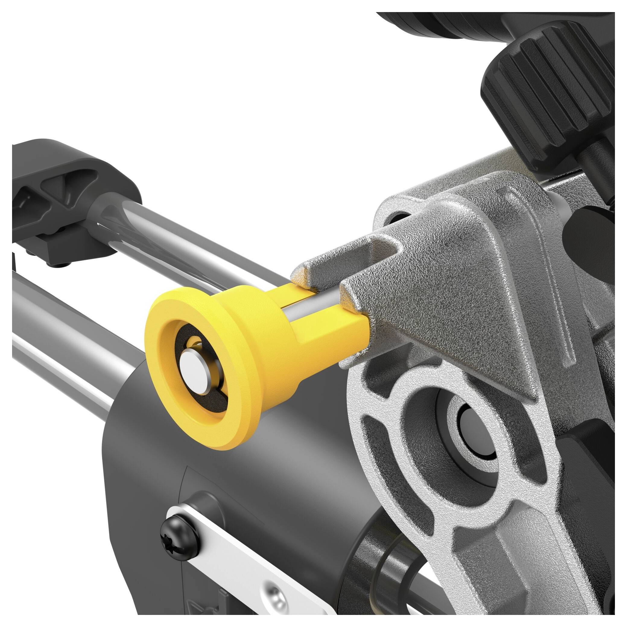 A drill with a metal part and a yellow plastic handle, used for fixing or adjusting the tool.