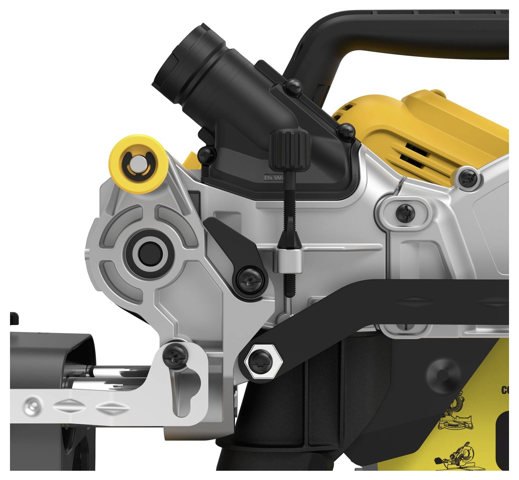 Close-up of a chainsaw with yellow and black details. Technical components are visible.