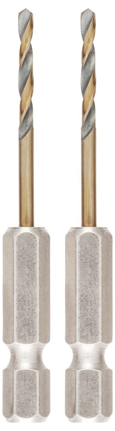 Two equally sized drill bits with silver shafts and spiral tips, standing upright side by side.