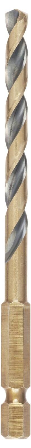 A spiral HSS drill bit, specifically suitable for metals, made from shiny material with a distinctive cutting surface.
