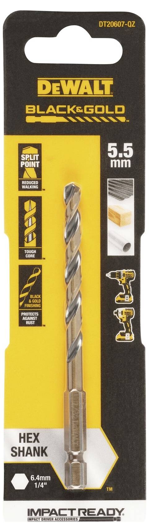 A 'DEWALT Black & Gold' drill bit with a 5.5 mm diameter and hexagonal shank, packaged in a black and yellow blister pack.