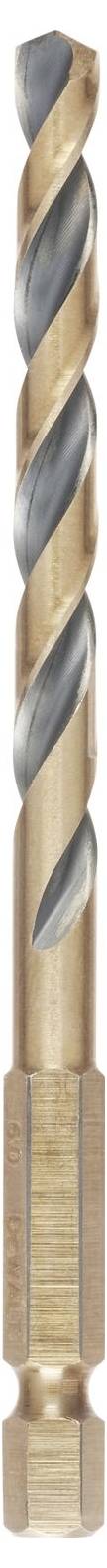 Close-up of a metal drill bit. The drill bit has a spiral-shaped edge designed for drilling into materials.
