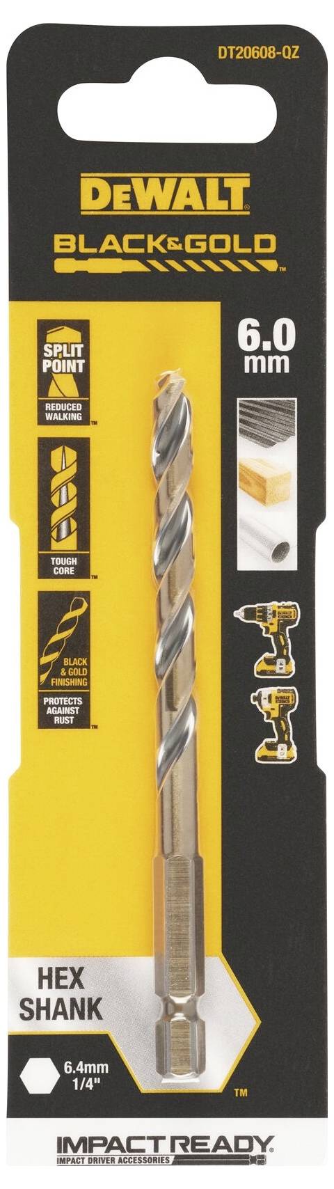 Drill bit in packaging, DeWalt brand, 6.0 mm, with hex shank. Packaging displays drill bit details and tools, suitable for various materials.