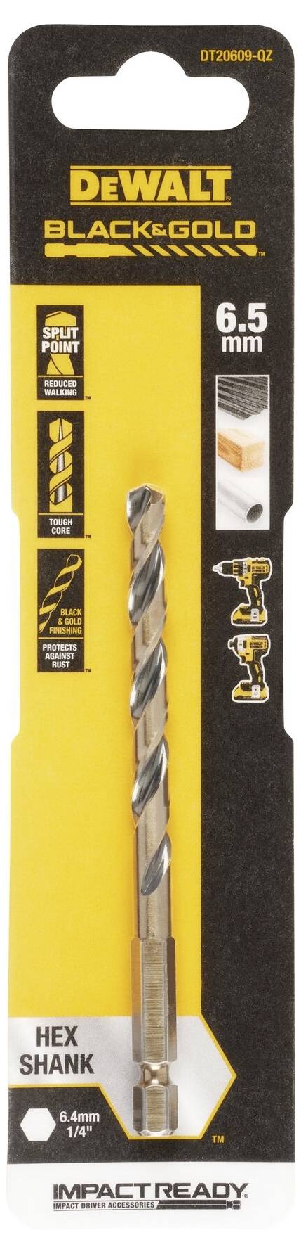 DEWALT drill bit, 6.5 mm diameter, titanium-coated, suitable for metal, wood and plastic. Packaging displays product details.