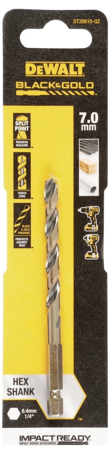 'DeWalt Black & Gold' drill bit with 7.0 mm diameter, hexagonal shank, suitable for impact drilling. Packaging displays usage instructions and logo.
