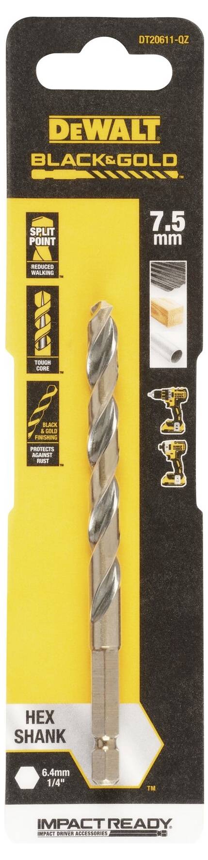 'DEWALT Black & Gold Metal Drill Bit, 7.5 mm, hexagonal shank, suitable for metal and wood, packaged with images of the drill bit in action.'