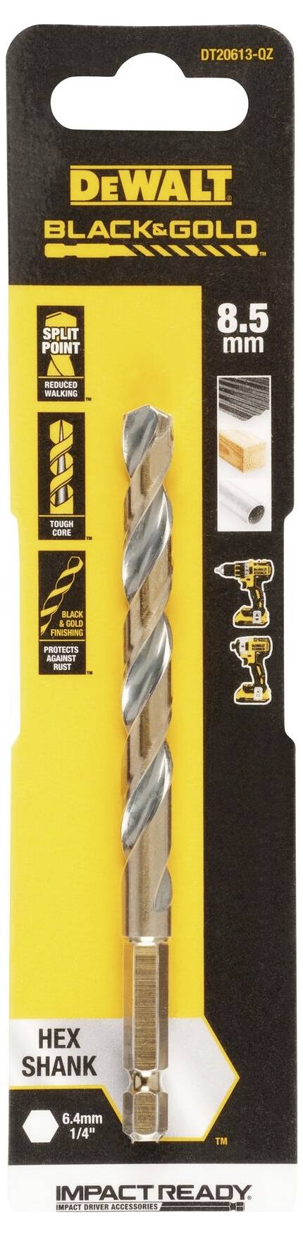 'DEWALT Black & Gold' Metal Drill Bit, 8.5 mm, hexagonal shank, optimised for drilling machines. Packaging displays technical specifications.