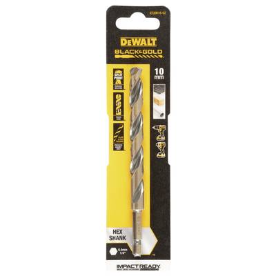 DeWalt drill bit, Black & Gold, 10 mm size, for metal and wood drilling. Packaging emphasises durability and versatility.