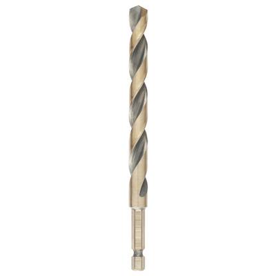 Metal drill bit with spiral grooves and a sharp pointed end, suitable for precise drilling work in hard materials.
