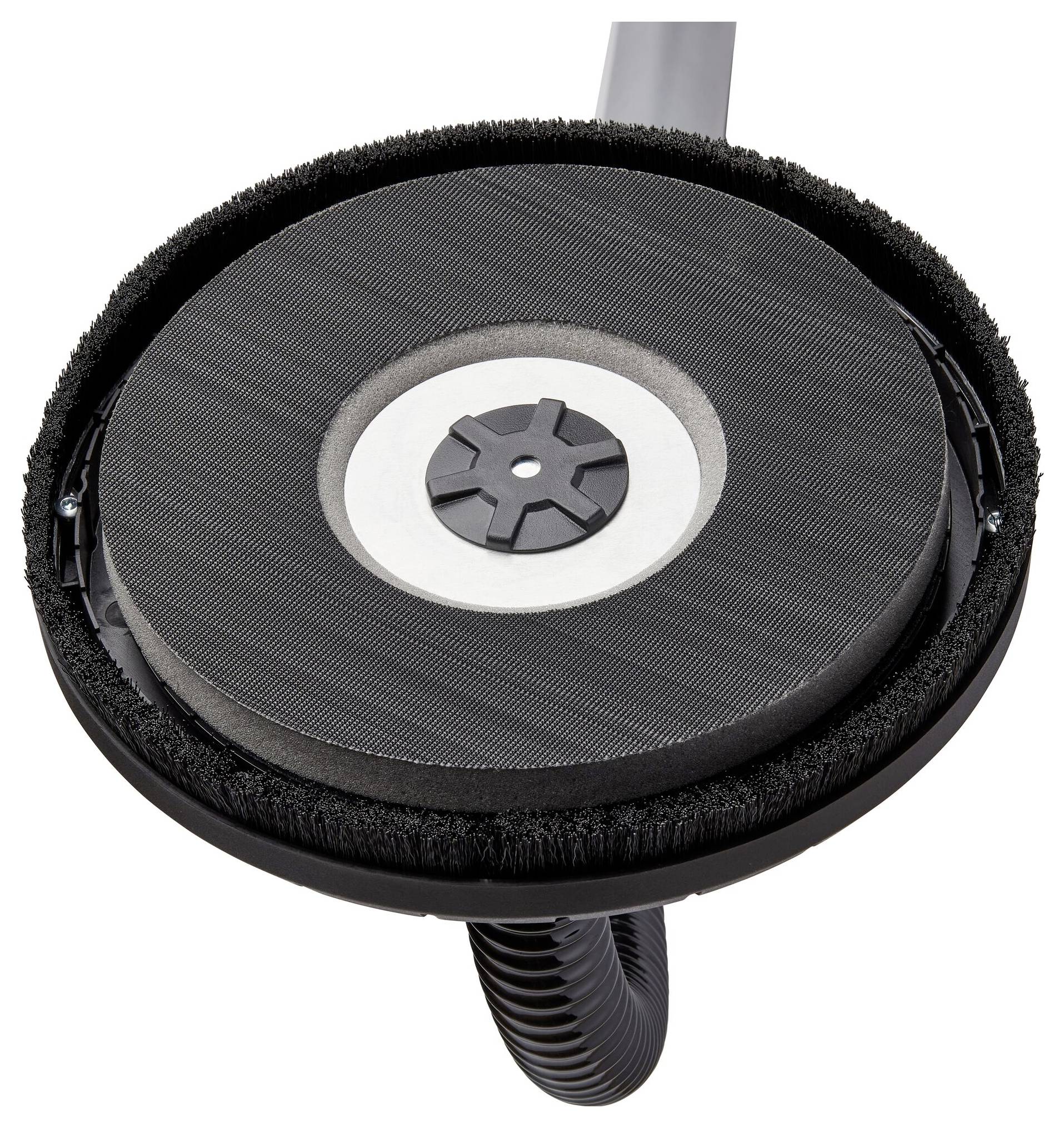 'Top-down view of a grinding head with a circular grinding pad and bristle edge, attached to a flexible hose.'