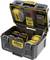 Open portable charger from DeWalt for multiple 18V batteries, with five yellow-black batteries in a robust case.