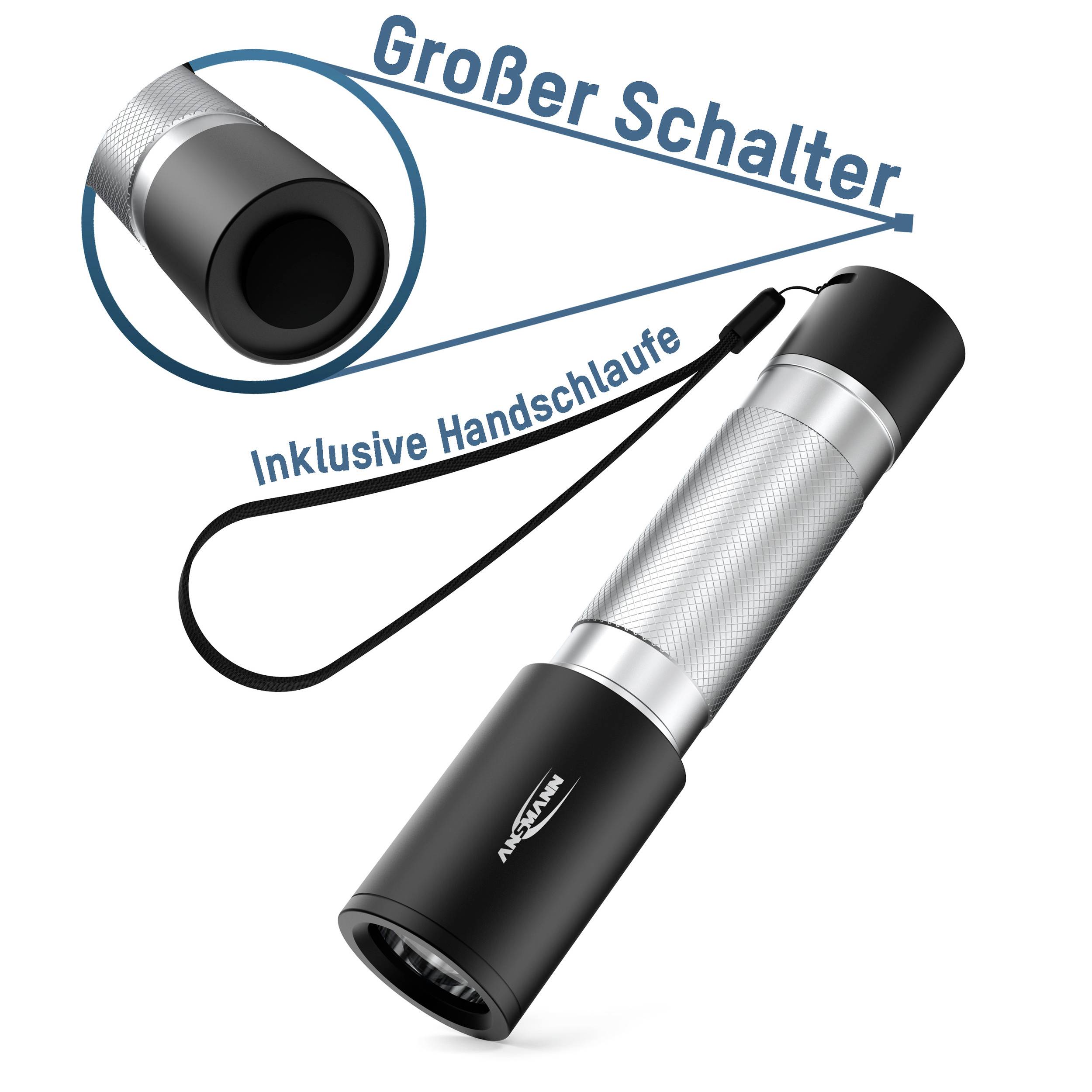 Torch with large switch and hand strap, highlighted by text.