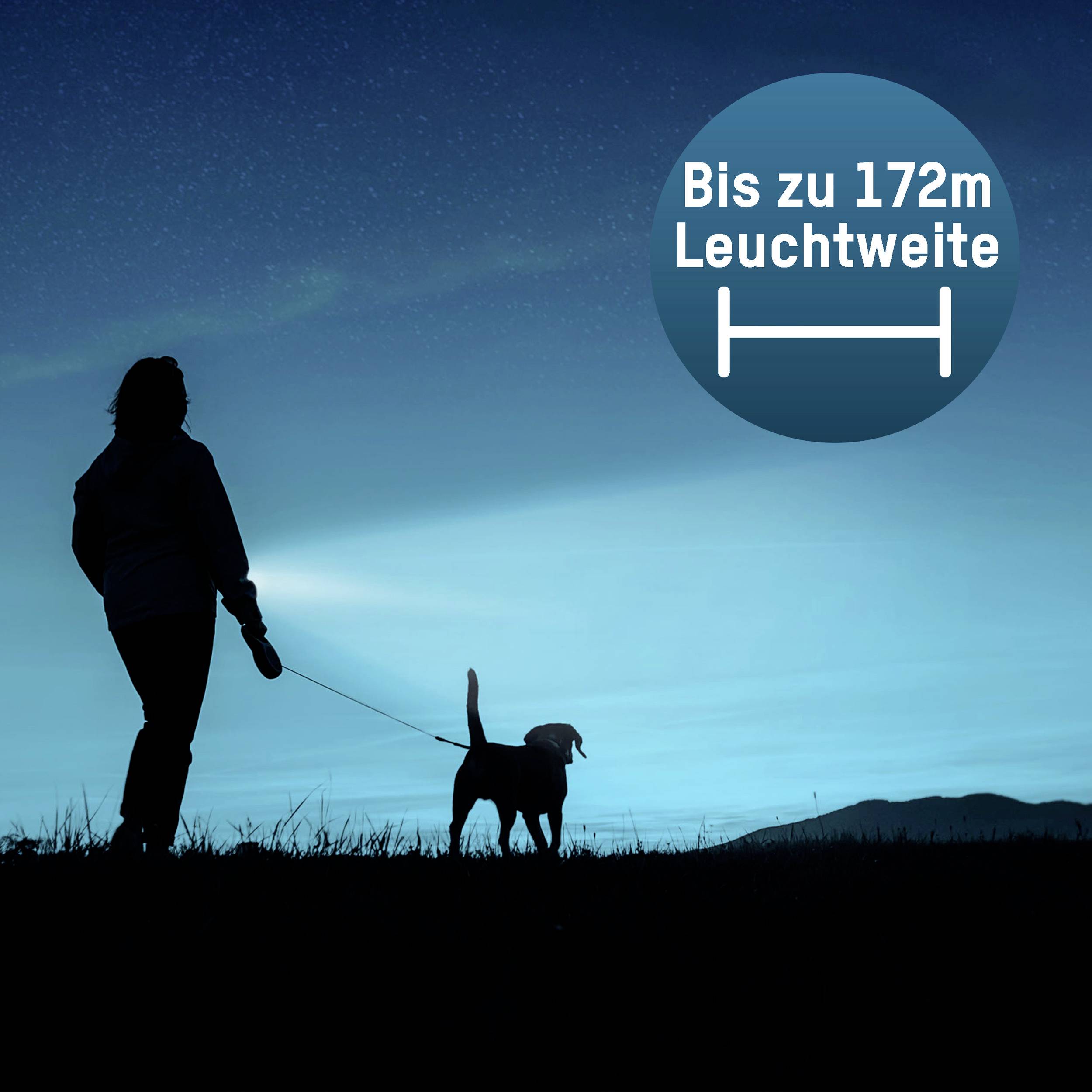 A person is walking with a dog in the dark and shining a torch. Text in the image: 'Up to 172m beam range'.