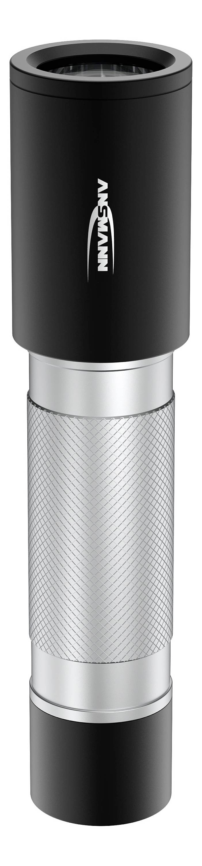 A black torch with a silver, ridged handle; compact design, well-suited for outdoor activities.