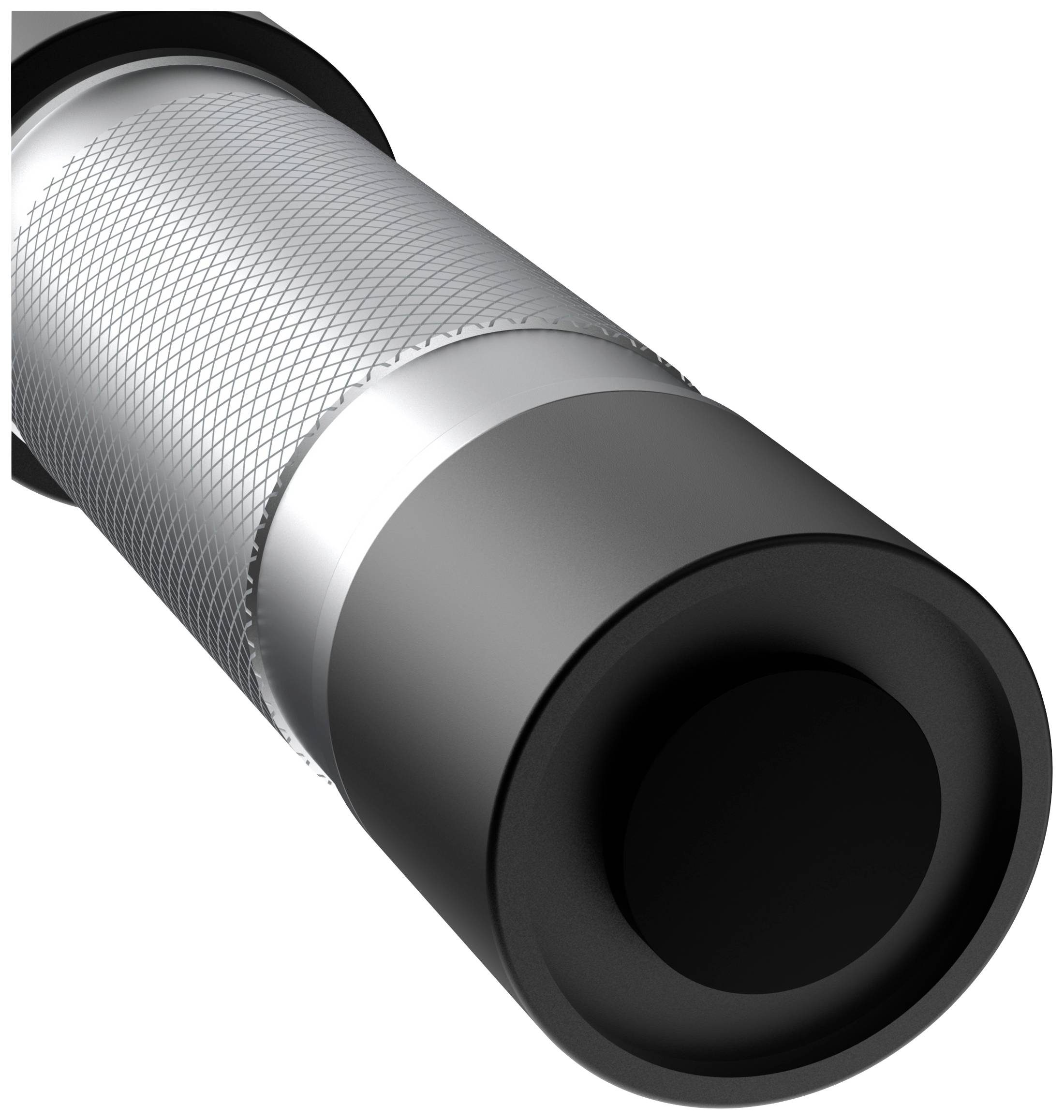 A stylised cylindrical object with a patterned silver section and a black end piece, possibly a handle or tool.