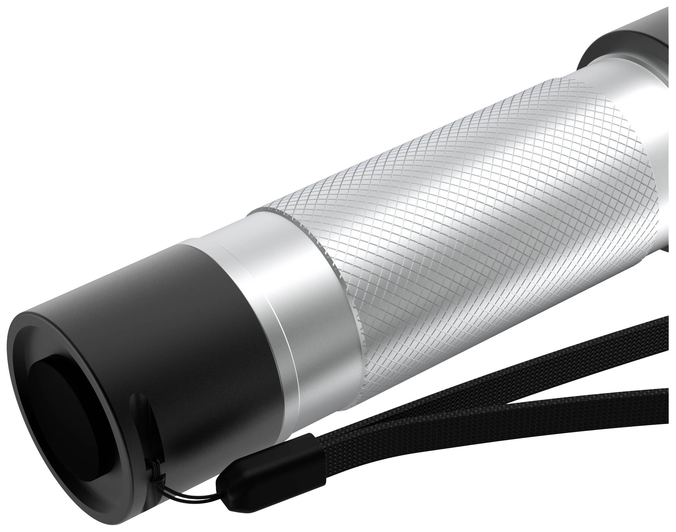 Silver torch with black handle and wrist strap, diagonal grooves for improved grip.