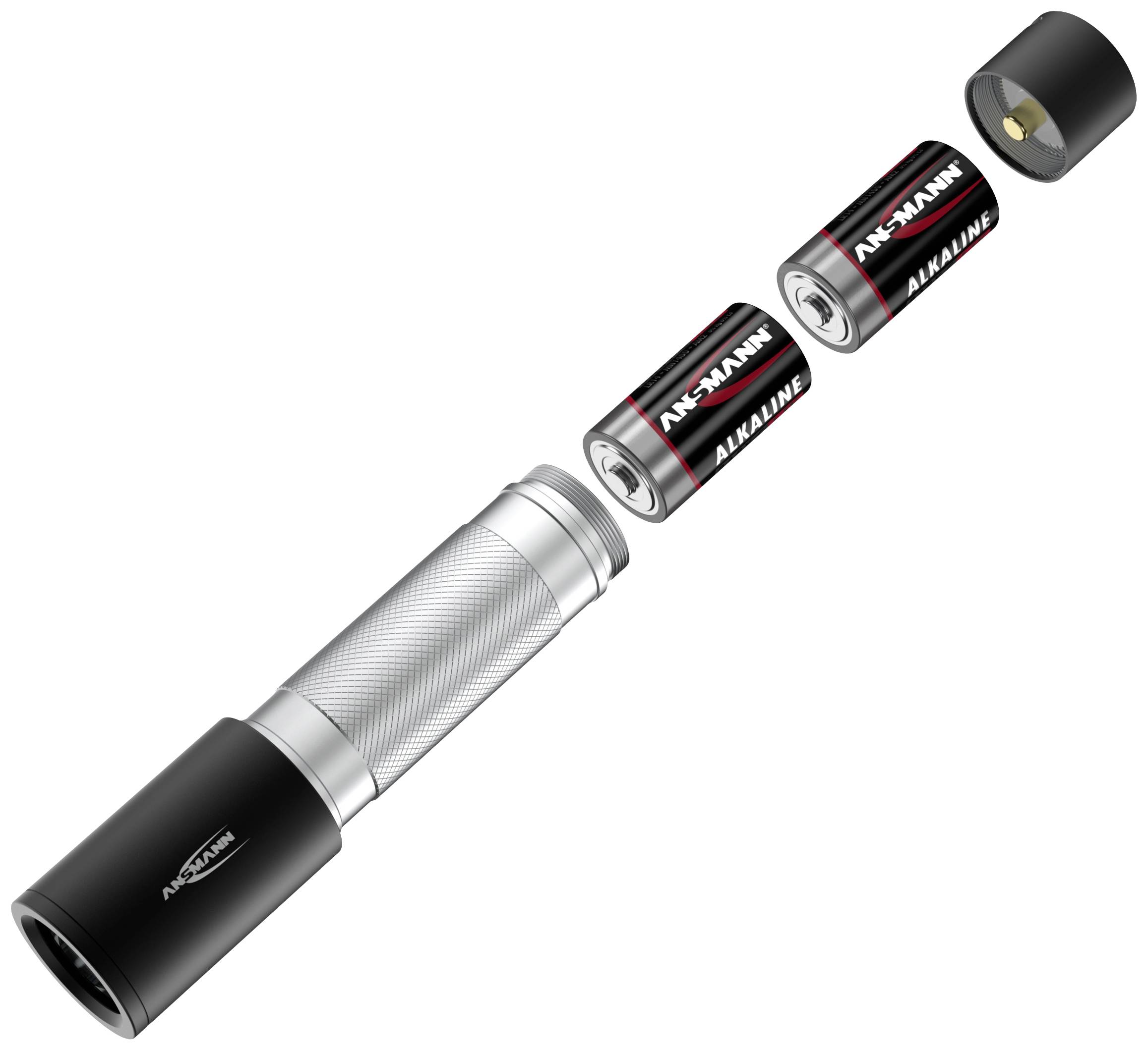 Opened torch with two removed alkaline batteries. The battery unit is shown side by side.