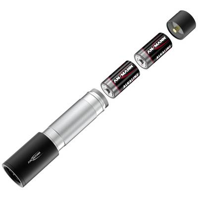 Opened torch with two removed alkaline batteries. The battery unit is shown side by side.
