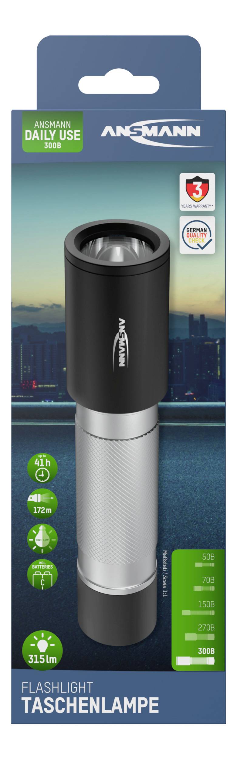 Torch in packaging. Brand name 'Ansmann'. Brightness: 315 lumens, Range: 272 m. Ideal for daily use.