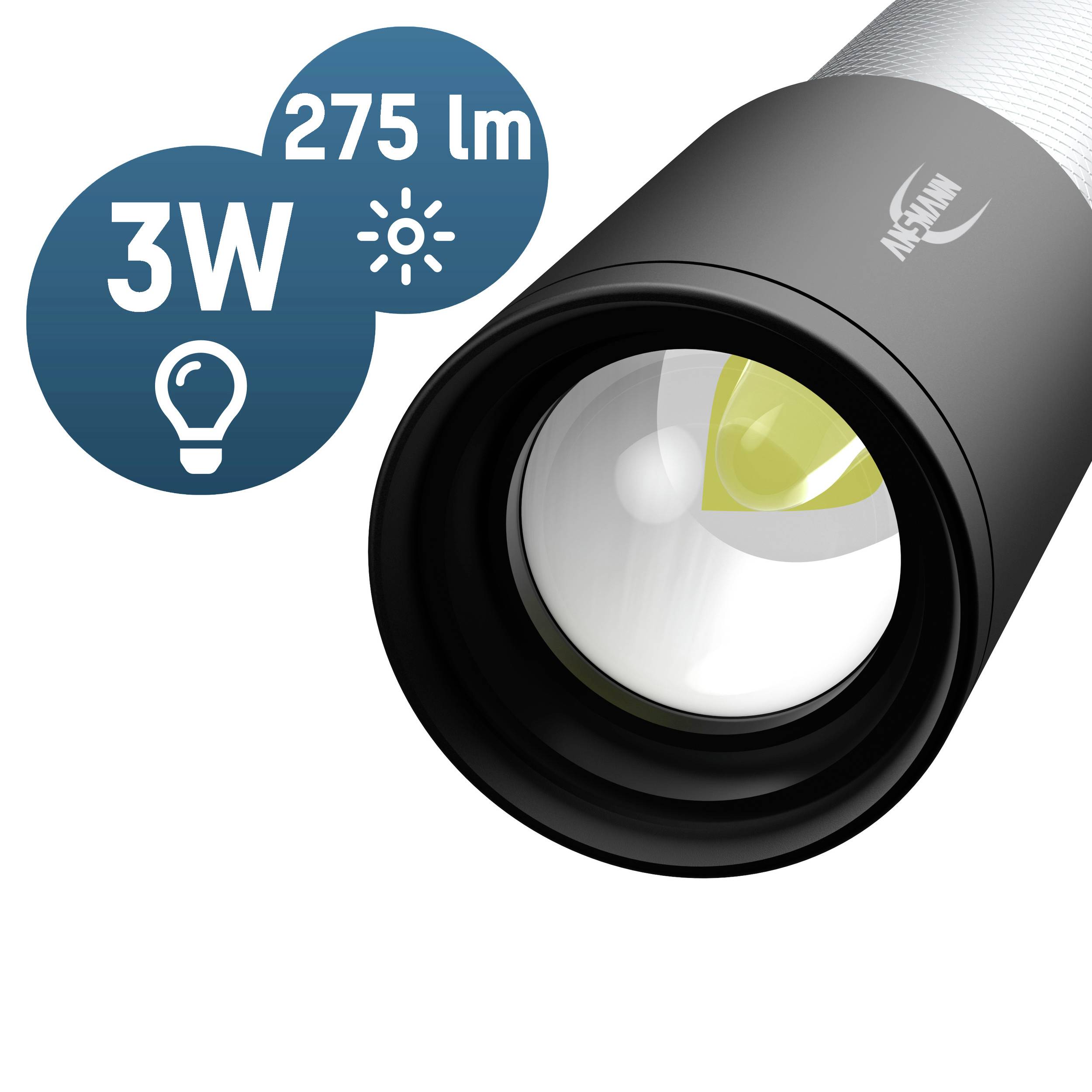 Torch with 3W power output and 275 lumens, brand name visible. Focused lens in close-up, with symbols for power and brightness beside it.