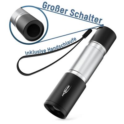 Torch with large switch and wrist strap, silver-black design, text 'Includes wrist strap'.