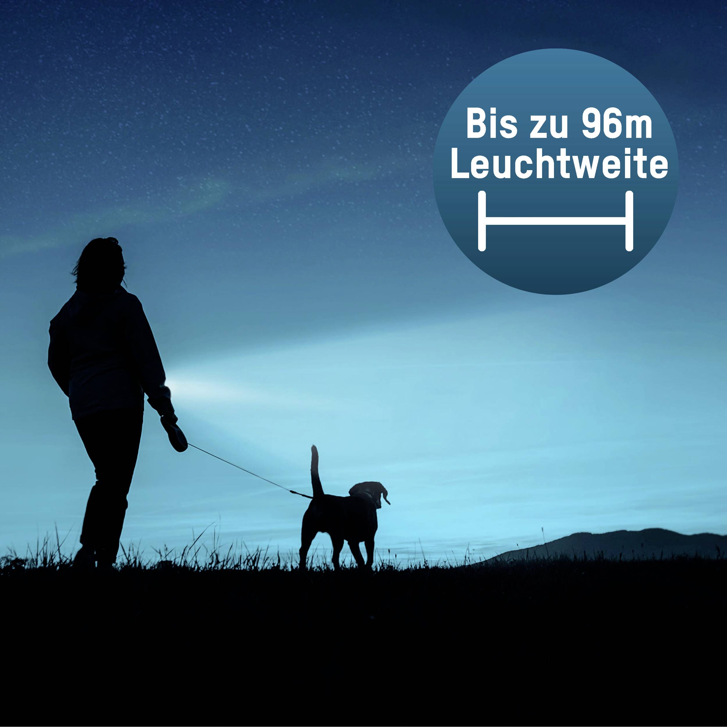 A person walks at night with a dog. They are holding a torch that illuminates up to 96 metres, according to a pie chart.