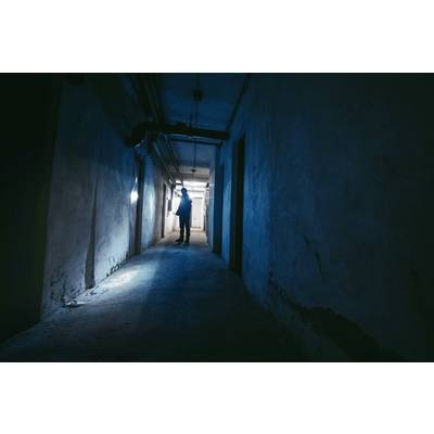 A person stands at the end of a long, dark corridor, illuminated by a blue light source. The atmosphere feels mysterious.