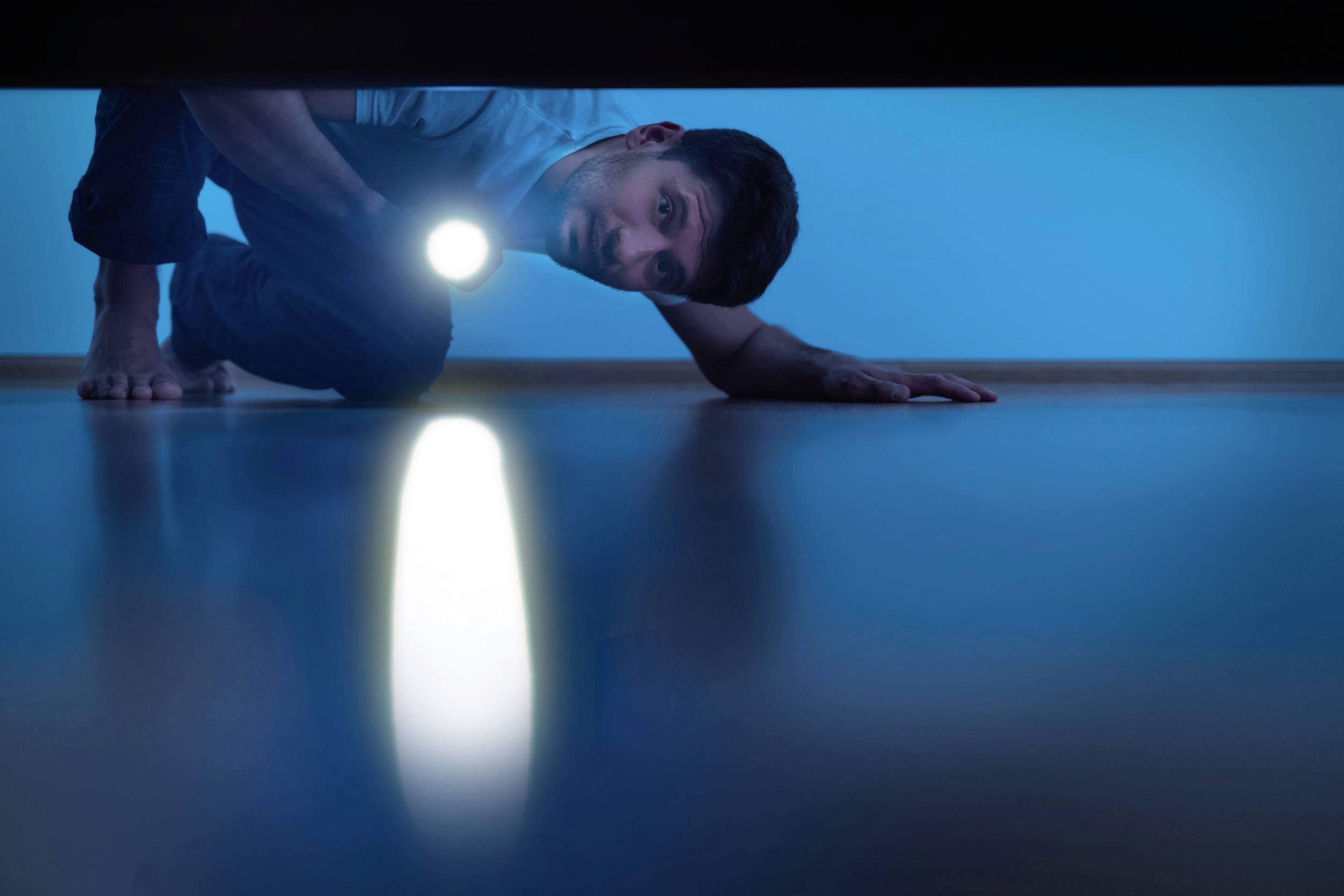A man shines a torch underneath a piece of furniture on a wooden floor. His facial expression appears inquisitive.