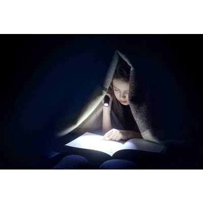 A child is reading a book under a blanket at night with a torch. The surroundings are dark, with the face visible in the torchlight.