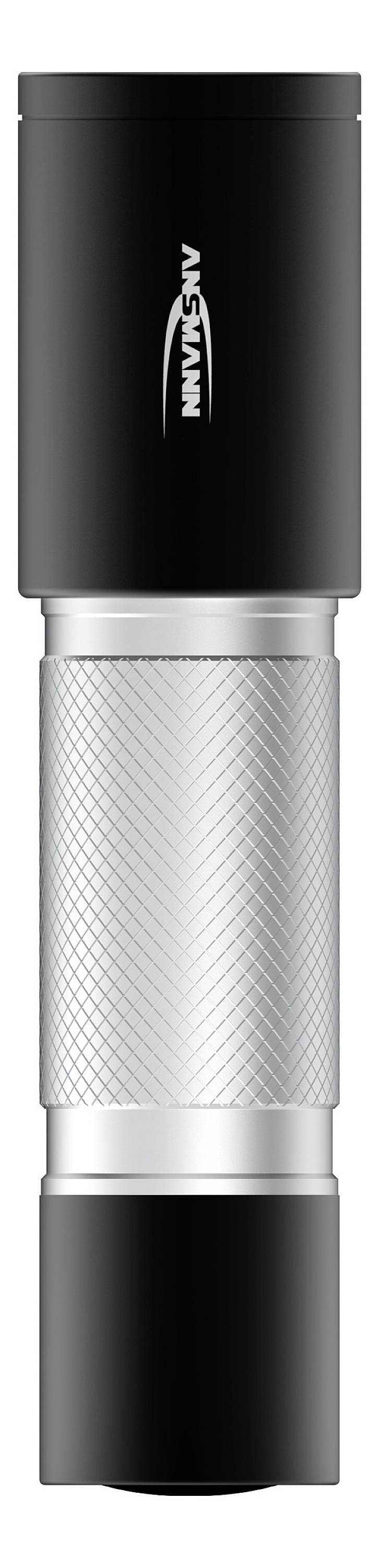 A black and silver torch with a non-slip grip.