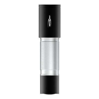 A black and silver torch with a non-slip grip.