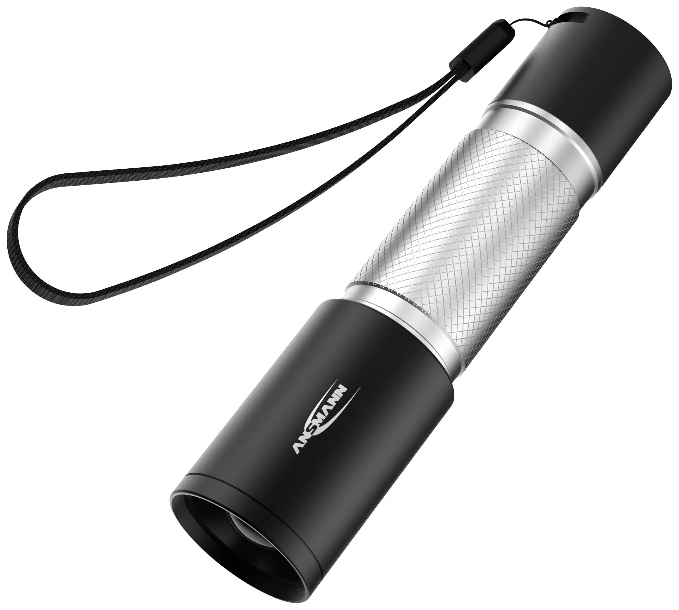 Black torch with silver handle and wrist strap, lying at an angle.