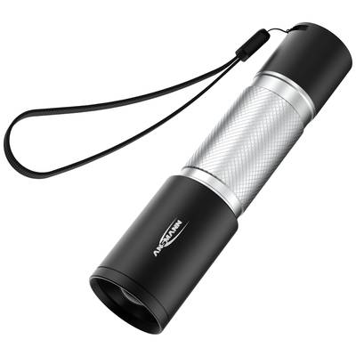 Black torch with silver handle and wrist strap, lying at an angle.