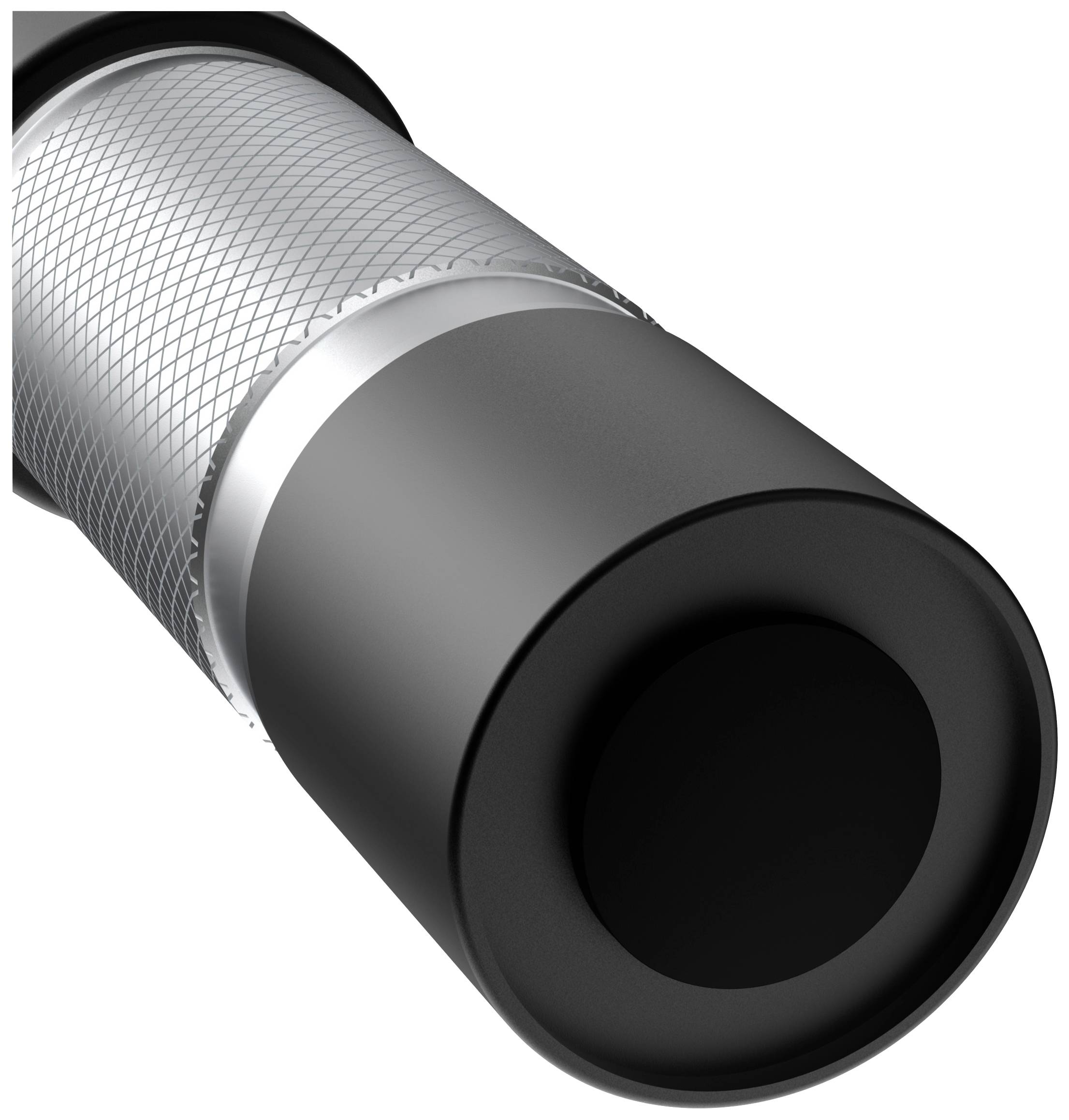 Black and silver carbon fibre cylinder, side close-up, showing texture and form.