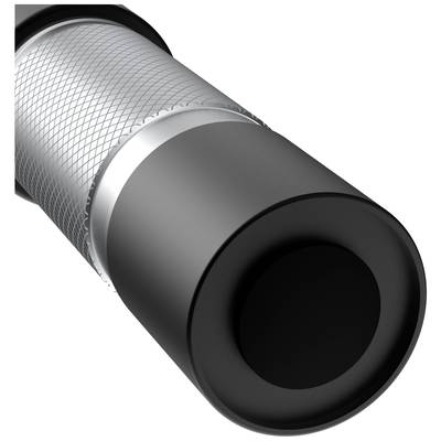 Black and silver carbon fibre cylinder, side close-up, showing texture and form.