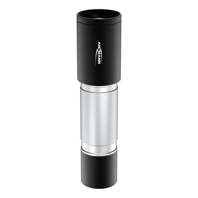 A black and silver torch with a textured grip, positioned vertically. A logo is displayed at the top.