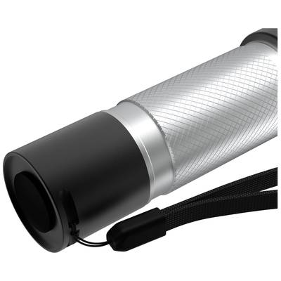 Handy black and silver torch with a strap, suitable for outdoor or emergency use due to its robust construction.