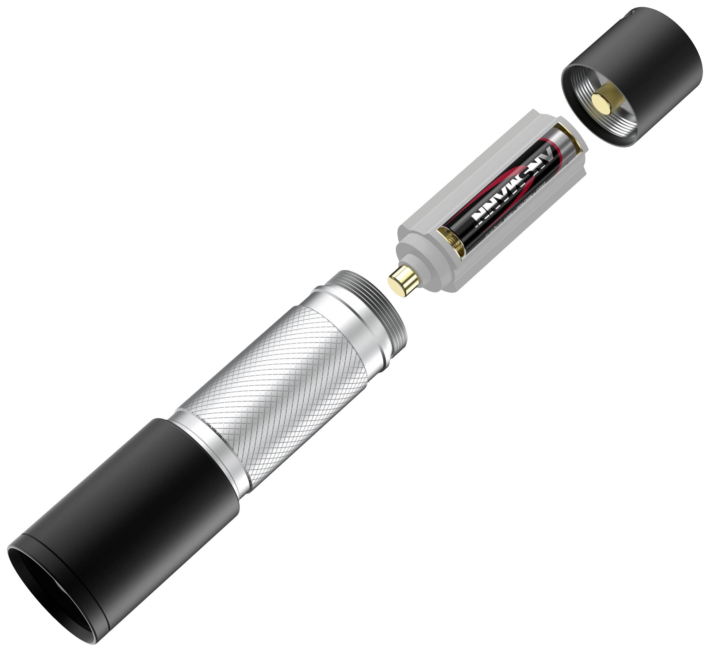 Exploded diagram of a torch with a removable battery compartment and visible battery in a cylindrical housing.