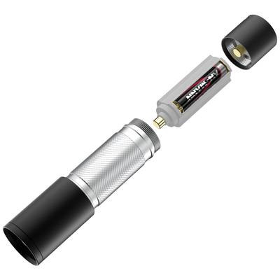 Exploded diagram of a torch with a removable battery compartment and visible battery in a cylindrical housing.