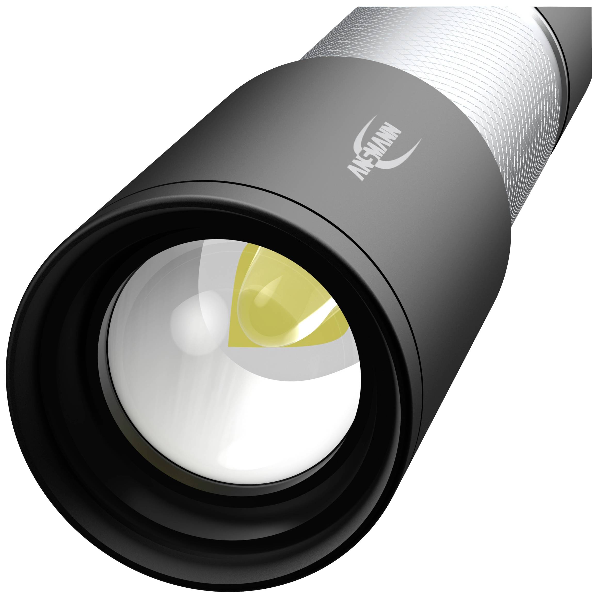 Front view through binoculars with distinctive black housing and clear lens.