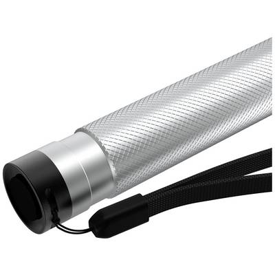 A silver torch with a black end and wrist strap, shown against a white background.