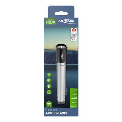 Packaging for an Ansmann silver torch designed for everyday use. Energy efficiency symbols displayed on the side.