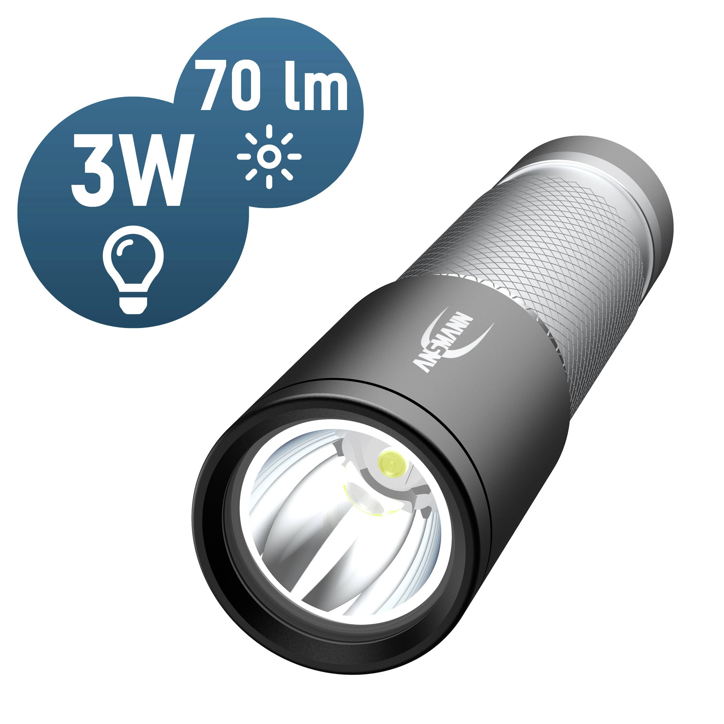 Torch with a silver handle and black head. Text displays '3W 70 lm', indicating power and brightness.