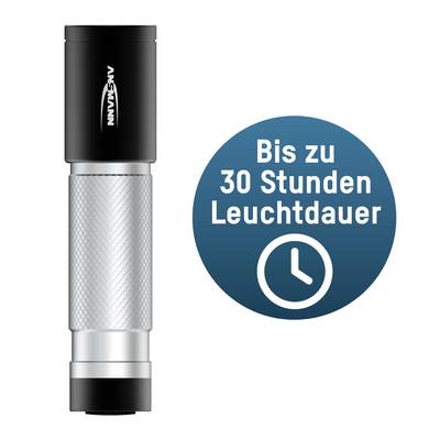 Torch with silver handle and black head. Text on the right side: 'Up to 30 hours of battery life' with clock symbol.