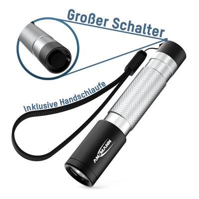 Torch with wrist strap and large switch. Silver casing, non-slip grip surface. Marked 'Large Switch' and 'Includes Wrist Strap'.